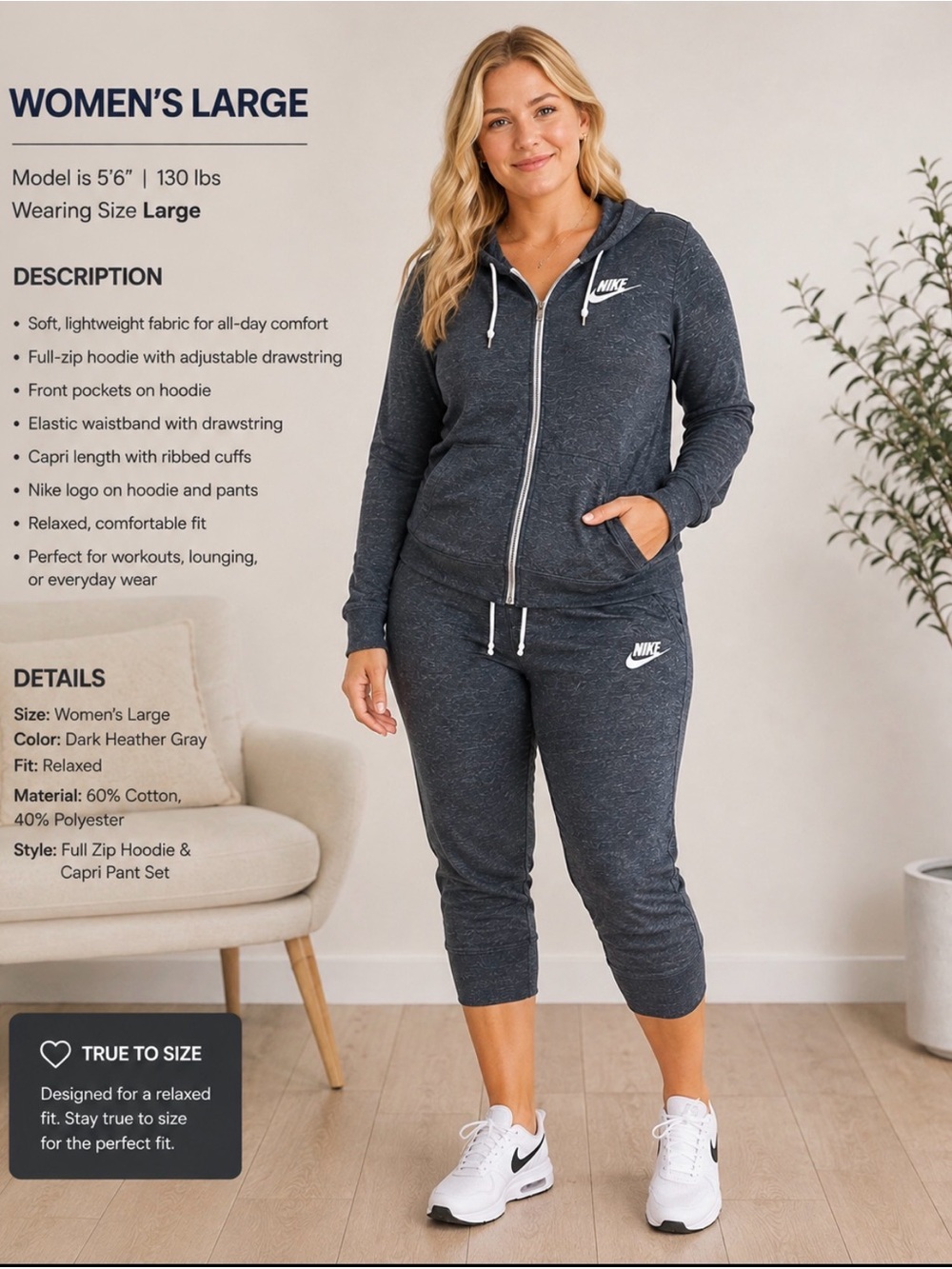 Nike women’s large Dark Heather Gray Women’s Zip Hoodie & Capri Sweatpants set